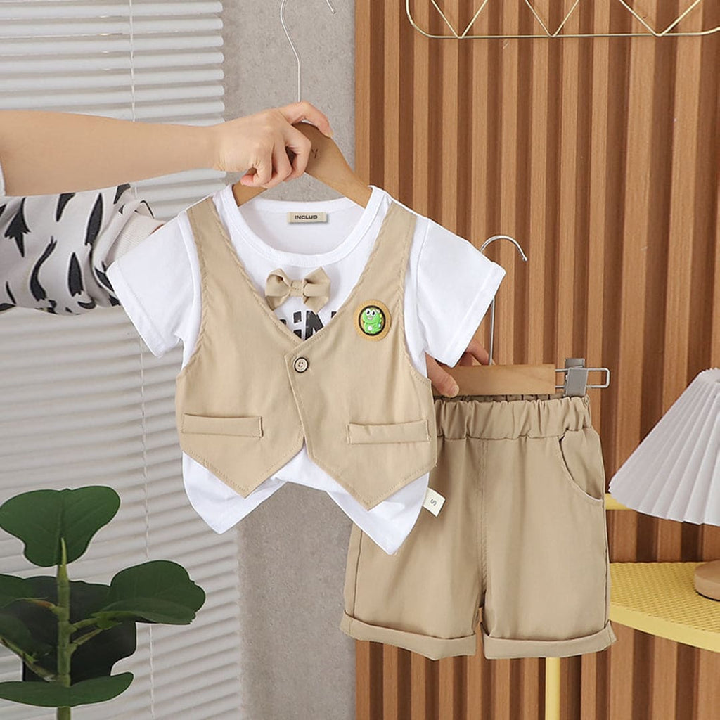 Boys Khaki Attached Waistcoat T-Shirt With Shorts Set Sets Khaki 1-2 Y 