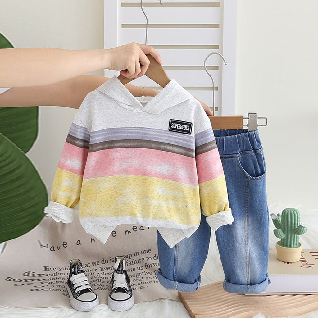 Boys White Striped Sweatshirt With Denim Jeans Set Sets White 1-2 Y 