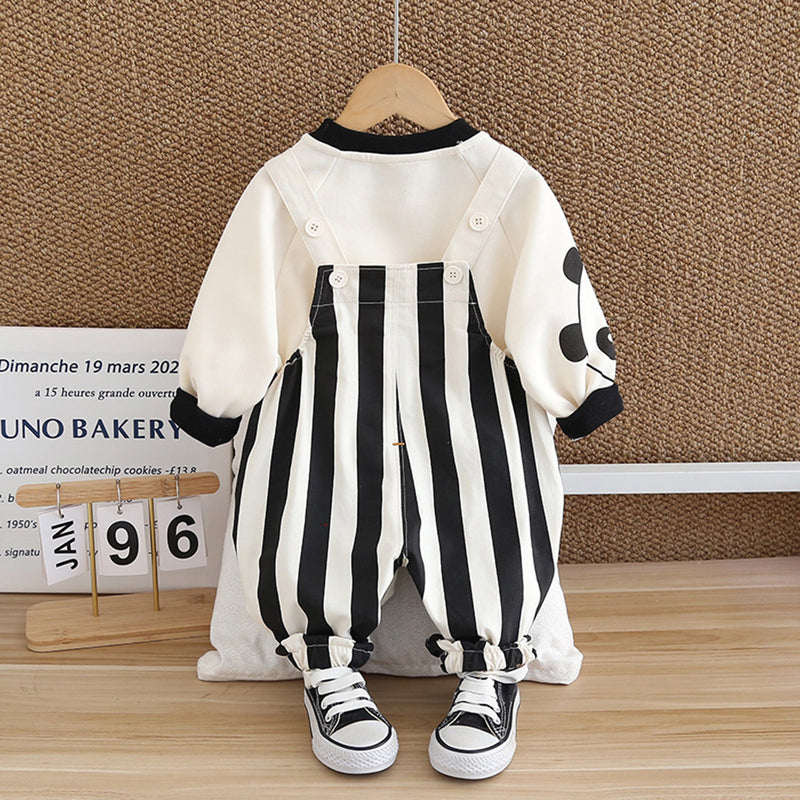 Boys Black Striped Panda Applique Sweatshirt & Dungaree Set Sets   