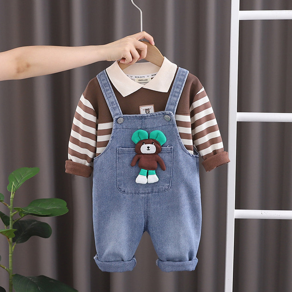 Boys Brown Striped Sweatshirt With Toy Applique Dungaree Set Sets Brown 1-2 Y 