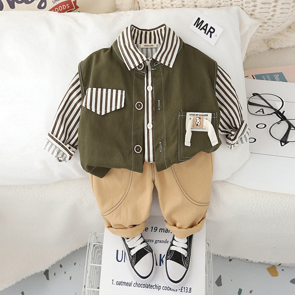 Boys Green Striped Shirt With Sleeveless Jacket & Trouser Set Sets Green 1-2 Y 