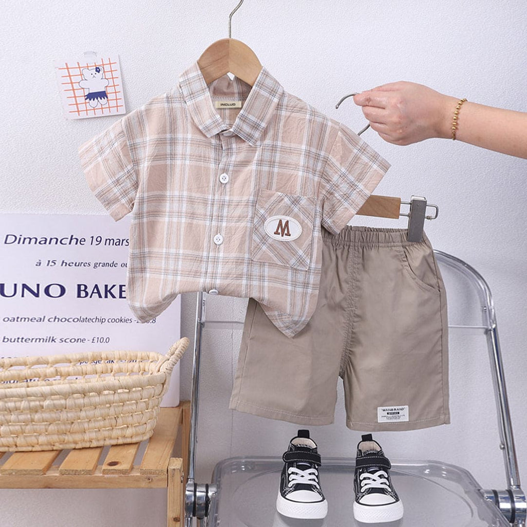 Boys Beige Check Short Sleeves Shirt With Shorts Set Sets Beige 1-2 Y 