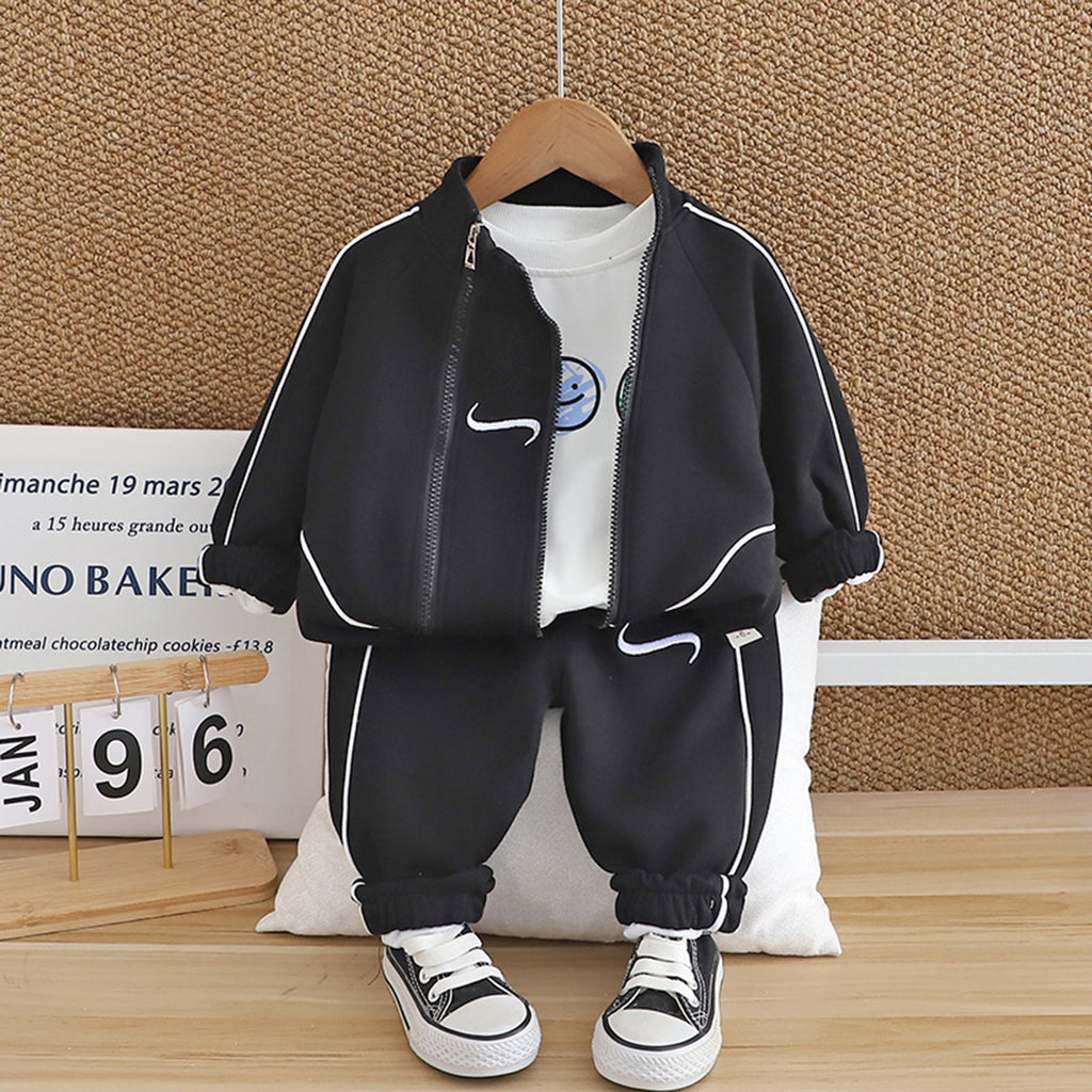 Boys Black Double Zipper Jacket With T-Shirt & Pants Set Sets Black 1-2 Y 