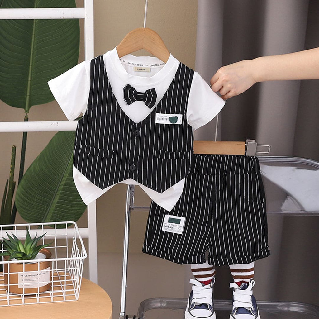 Boys Black Attached Striped Waistcoat T-Shirt With Shorts Set Sets Black 1-2 Y 