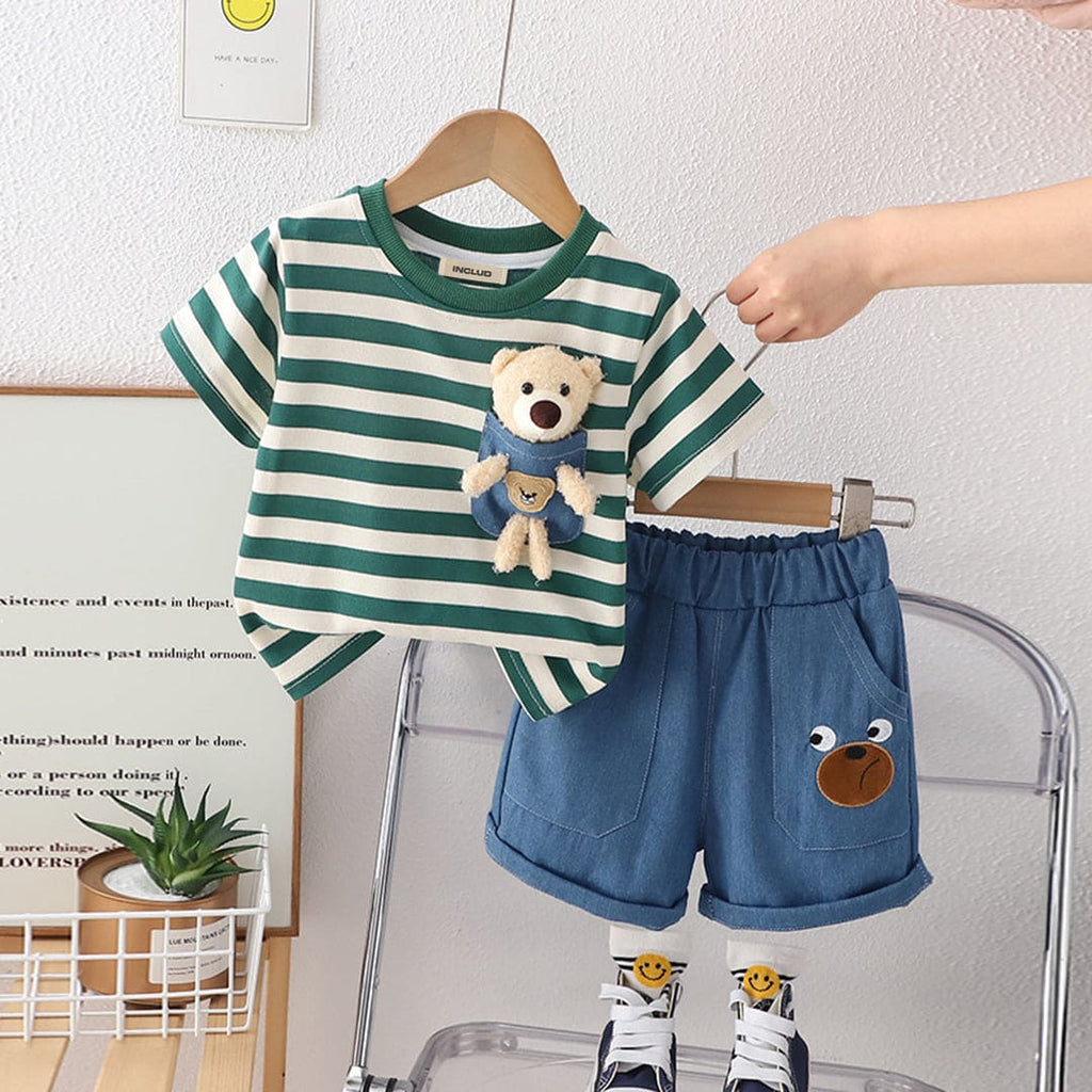 Boys Green Striped T-Shirt With Teddy & Denim Shorts Set Sets Green 1-2 Y 