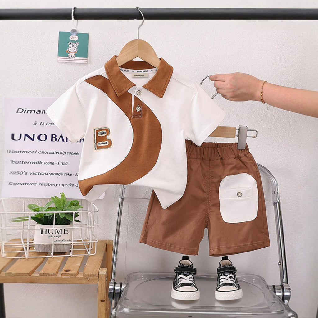 Boys Short Sleeve Brown Polo T-Shirt With Shorts Set Sets Brown 1-2 Y 