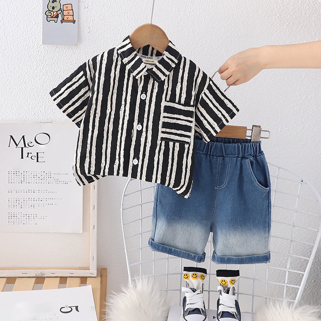 Boys Black Striped Shorts Sleeves Shirt With Denim Shorts Set Sets Black 1-2 Y 