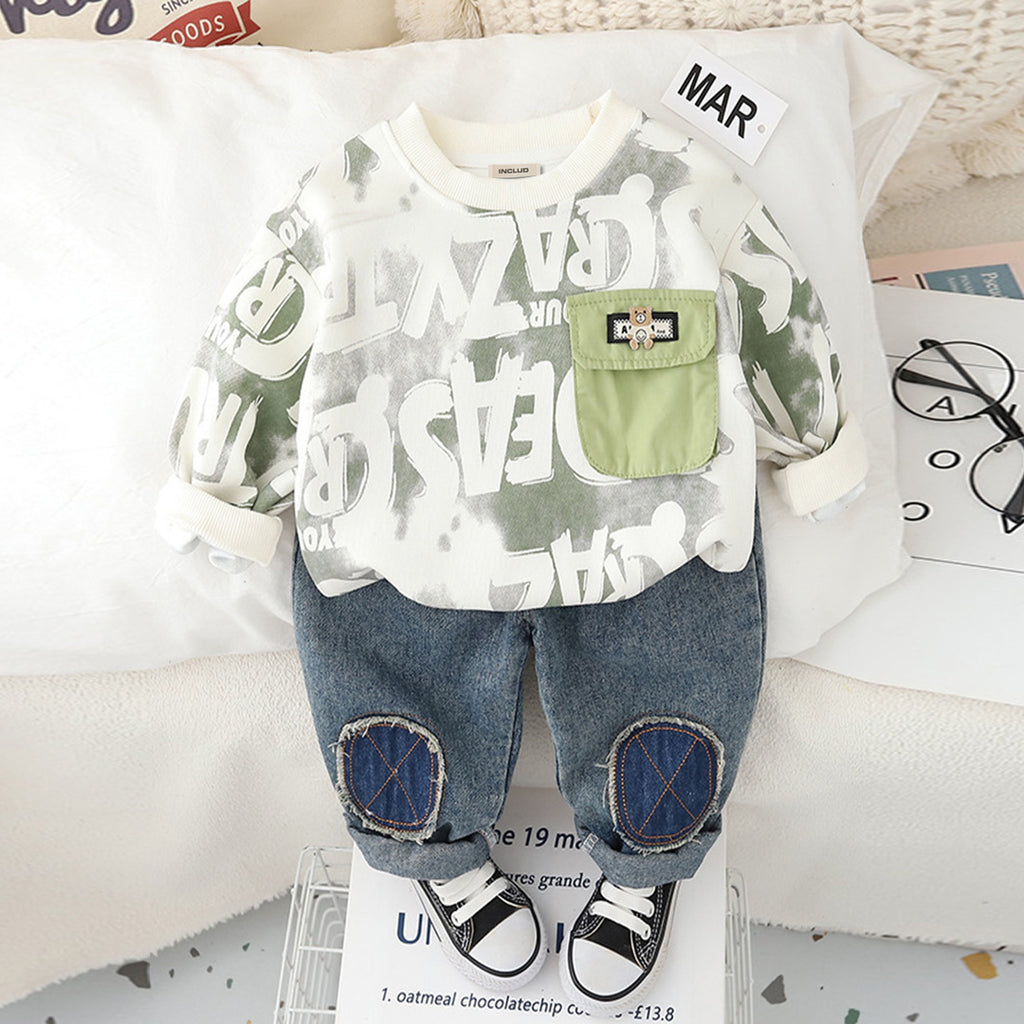 Boys Green Printed Sweatshirt With Denim Jeans Set Sets Green 1-2 Y 