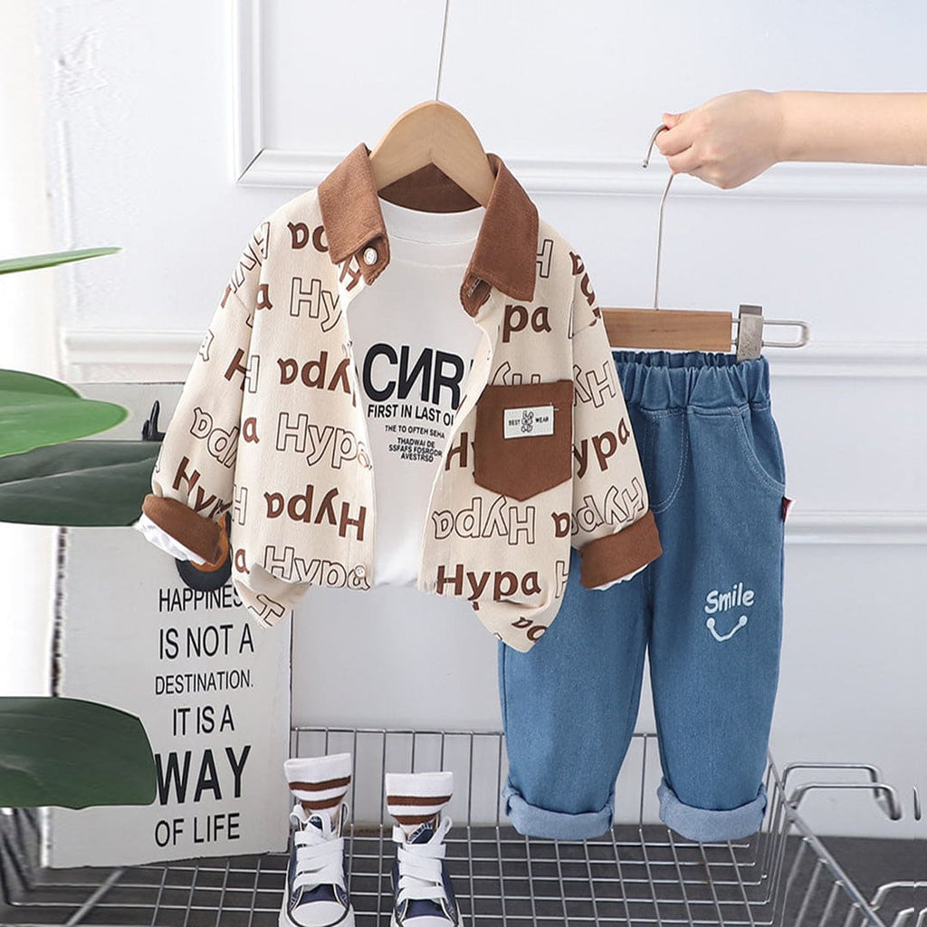 Boys Brown Printed Shirt With T-Shirt & Denim Jeans Set Sets Brown 1-2 Y 