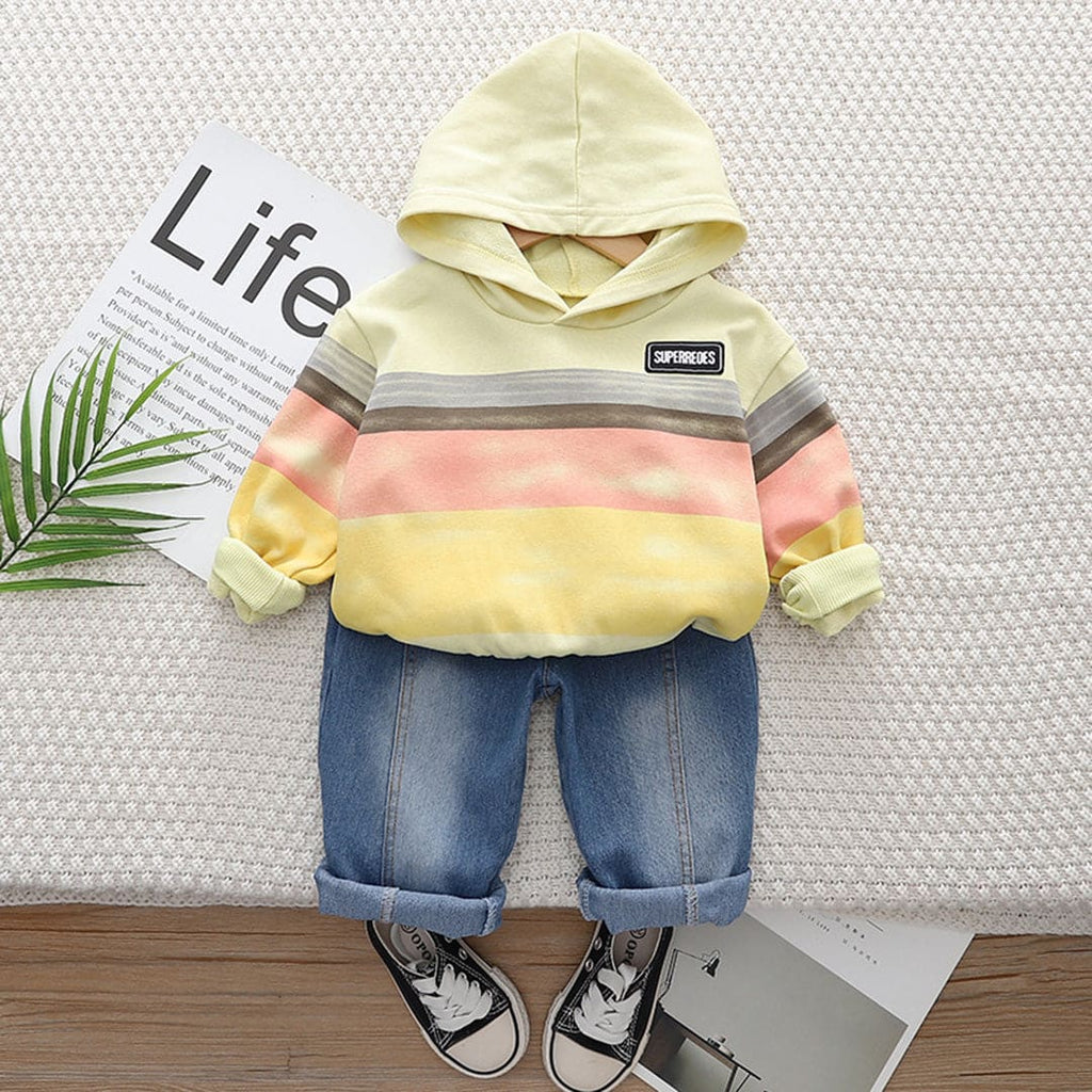 Boys Yellow Striped Printed Sweatshirt With Denim Jeans Set Sets Yellow 1-2 Y 