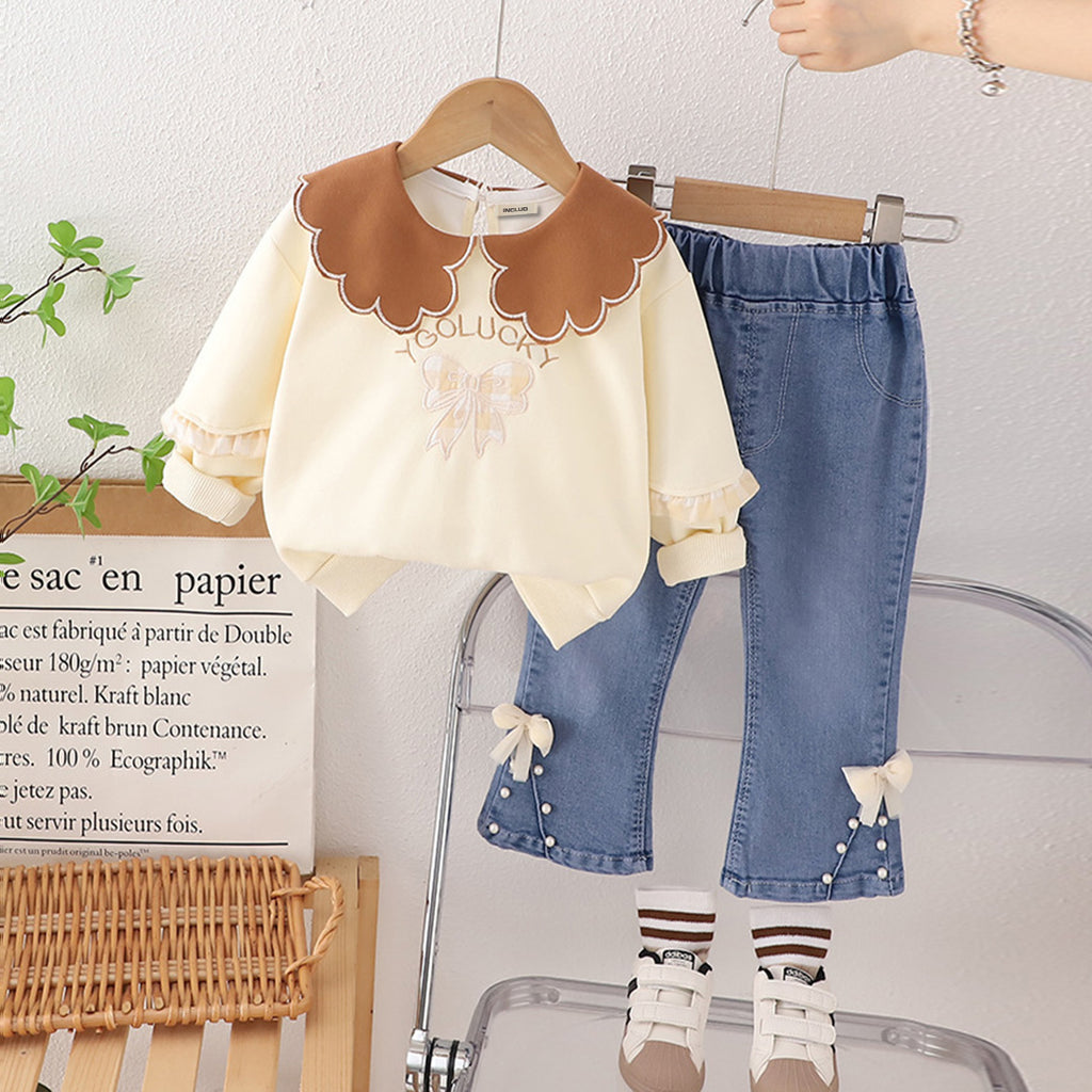 Girls White Peter Pan Collar Sweatshirt With Flared Denim Set Sets Off White 1-2 Y 