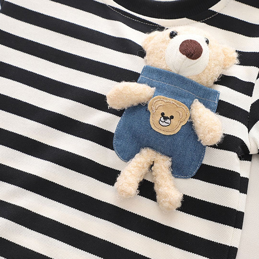 Boys Black Striped T-Shirt With Teddy & Denim Shorts Set Sets Black 1-2 Y 