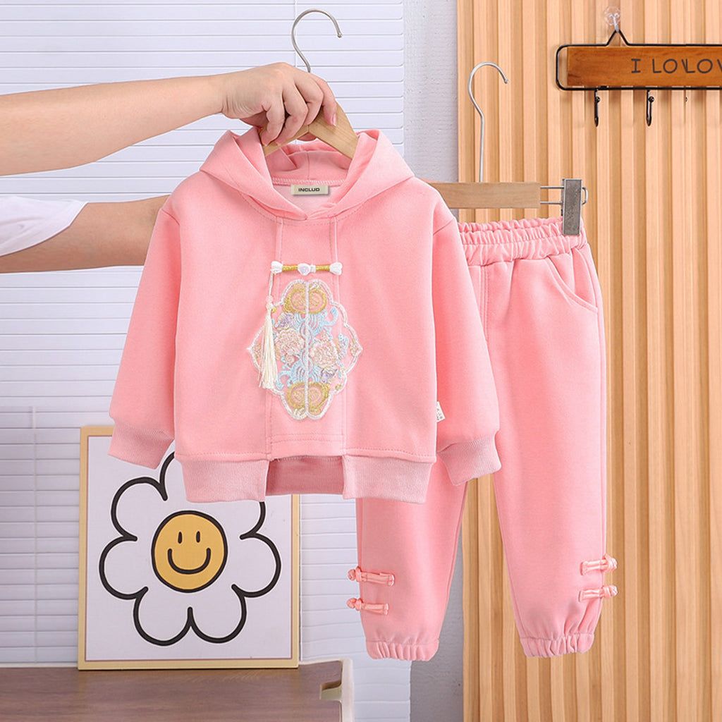 Girls Pink Embroidered Hooded Sweatshirt With Pants Set Sets Pink 1-2 Y 