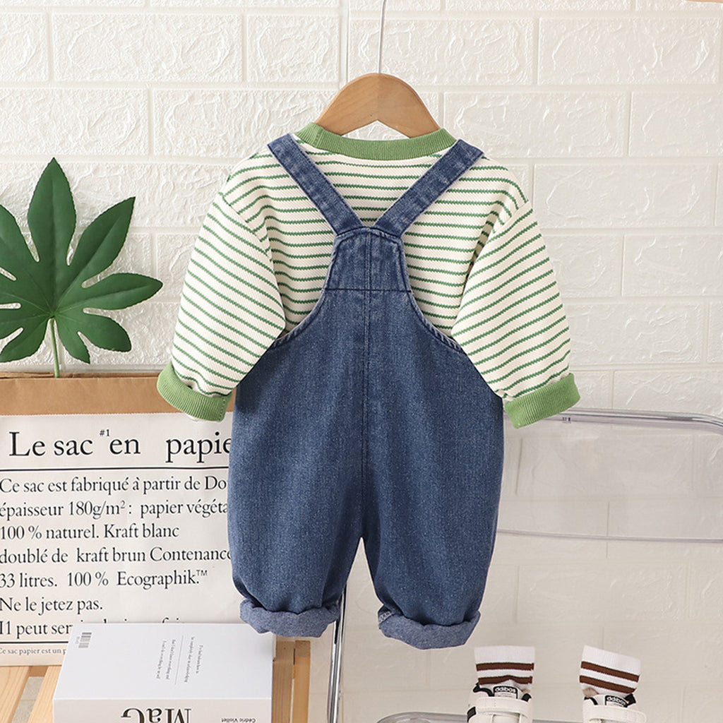 Boys Green Striped Sweatshirt With Denim Dungaree Set Sets   