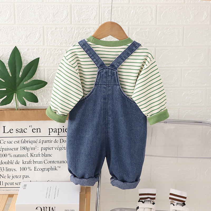 Boys Green Striped Sweatshirt With Denim Dungaree Set Sets   