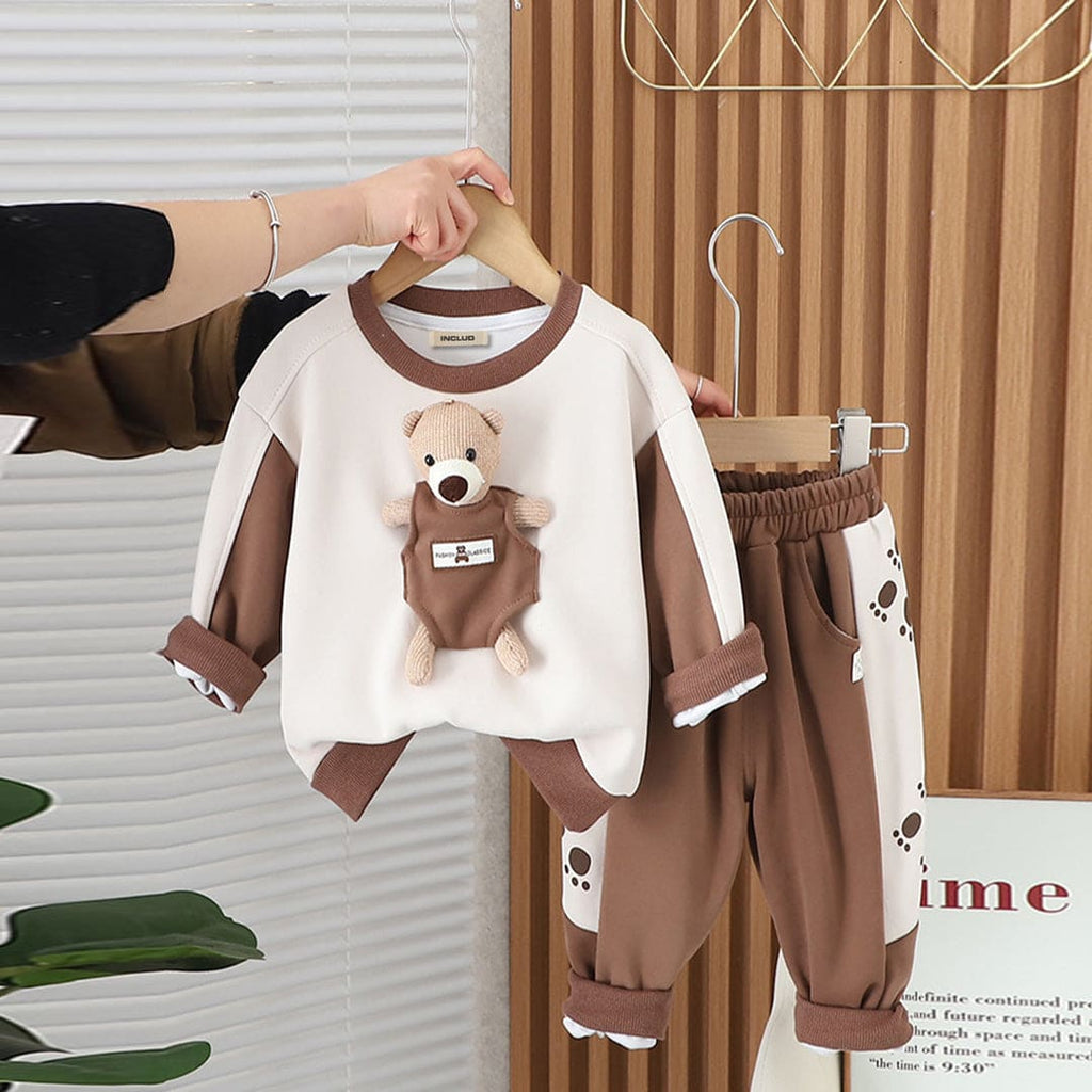 Boys Brown Color-blocked Pocket Teddy Sweatshirt With Trouser Set Sets Brown 1-2 Y 