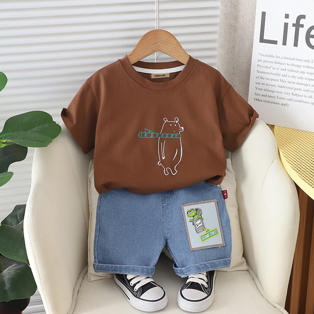 Boys Short Sleeve Graphic Brown T-Shirt With Denim Shorts Set Sets Brown 1-2 Y 