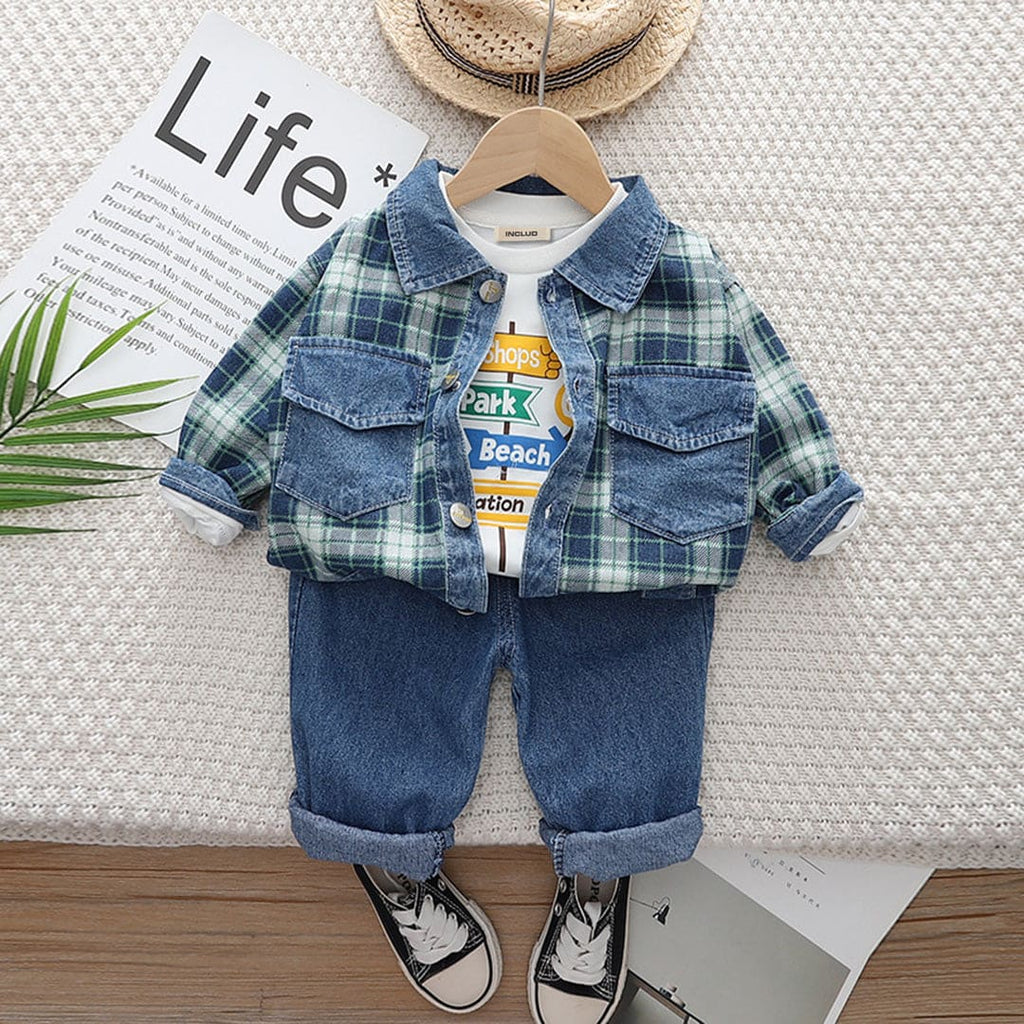 Boys Check Shirt With Long Sleeves T-Shirt and Denim Jeans Set Sets Blue 1-2 Y 