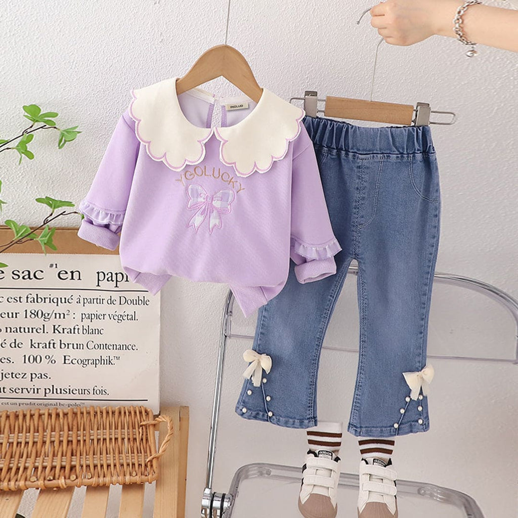 Girls Purple Peter Pan Collar Sweatshirt With Flared Denim Set Sets Purple 1-2 Y 