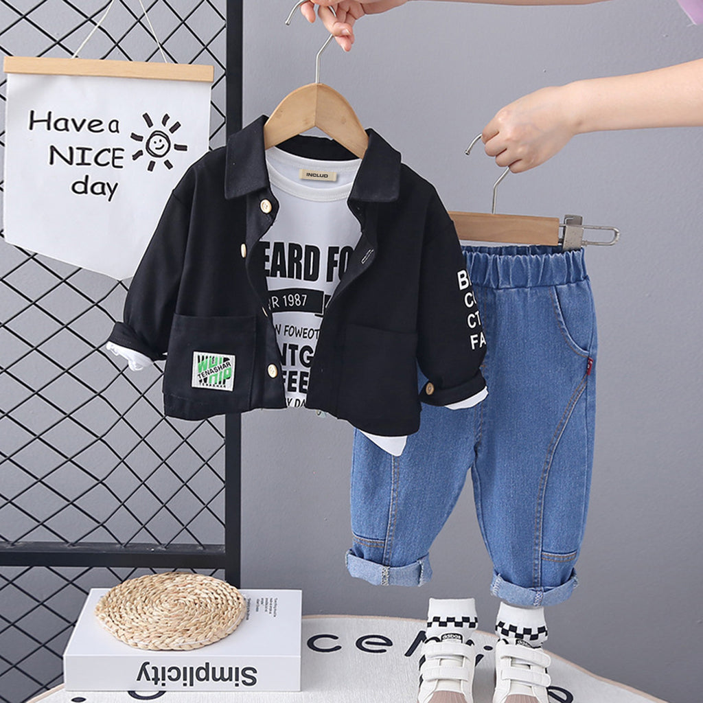 Boys Black Shirt Jacket With Printed T-Shirt & Denim Trouser Set Sets Black 1-2 Y 