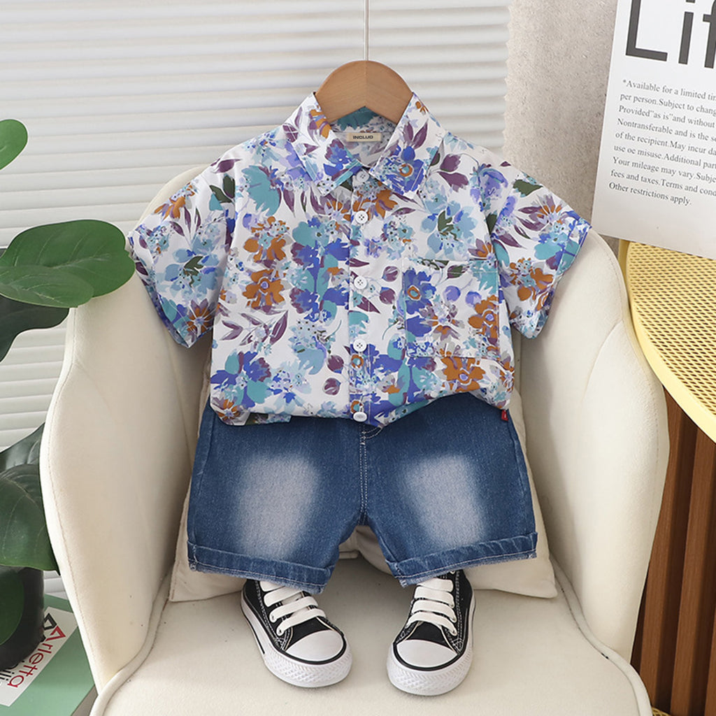 Boys Short Sleeve Blue Printed Floral Shirt With Denim Shorts Set Sets Blue 1-2 Y 