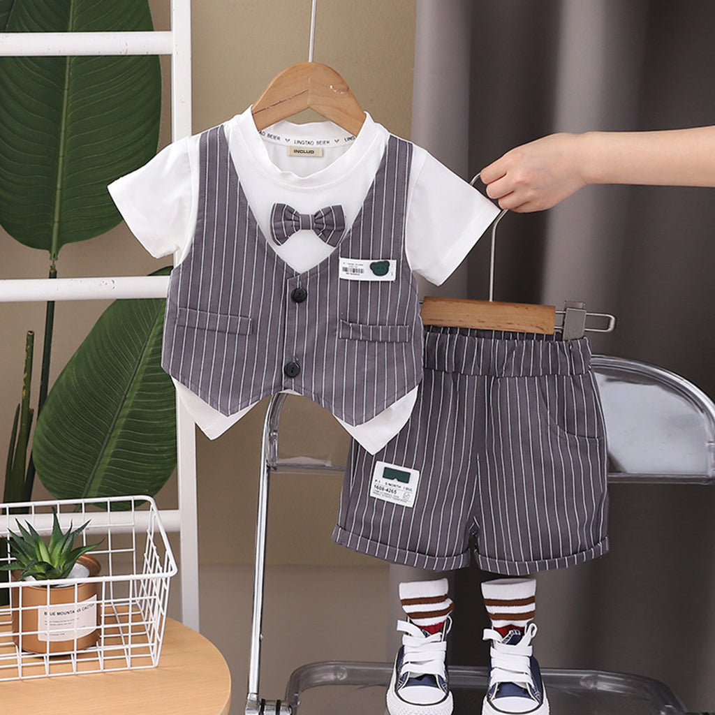 Boys Gray Attached Striped Waistcoat T-Shirt With Shorts Set Sets Gray 1-2 Y 