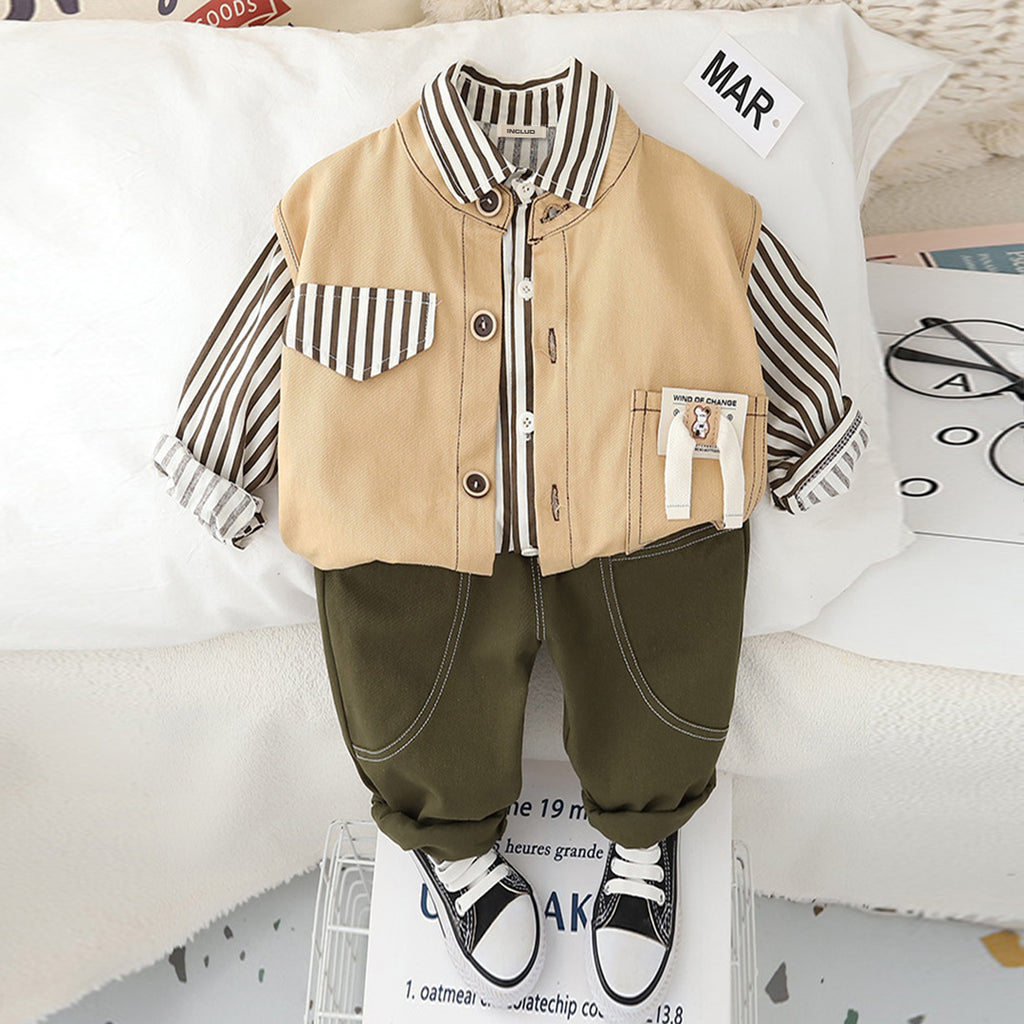 Boys Khaki Striped Shirt With Sleeveless Jacket & Trouser Set Sets Khaki 1-2 Y 