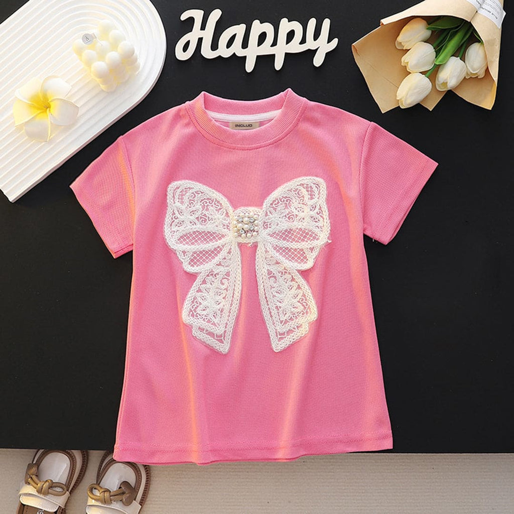 Girls Bow Embroidery Pink Short Sleeve T-Shirt Tops Pink 1-2 Y 