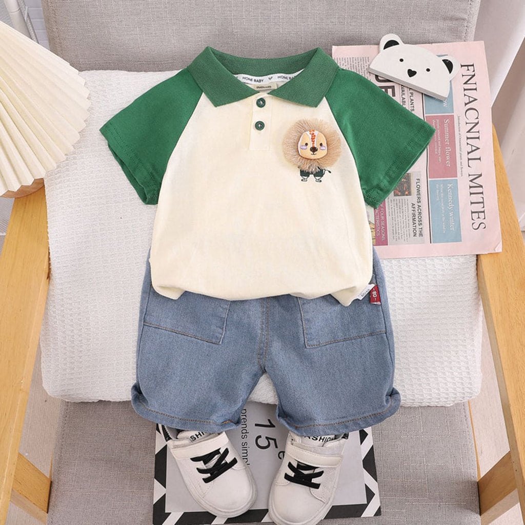 Boys Green Lion Applique Polo T-Shirt With Denim Shorts Set Sets Green 1-2 Y 