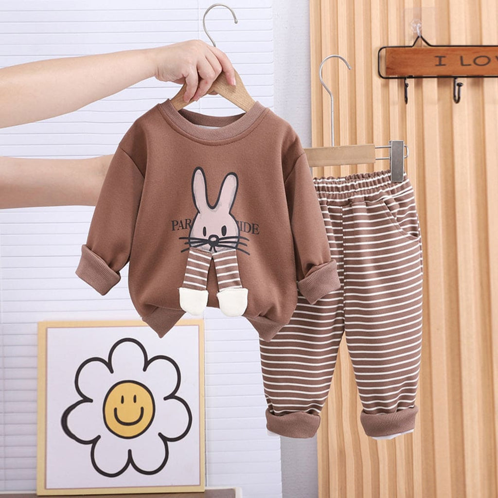 Boys Rabbit Print Brown Sweatshirt With Striped Pants Set Sets Brown 1-2 Y 