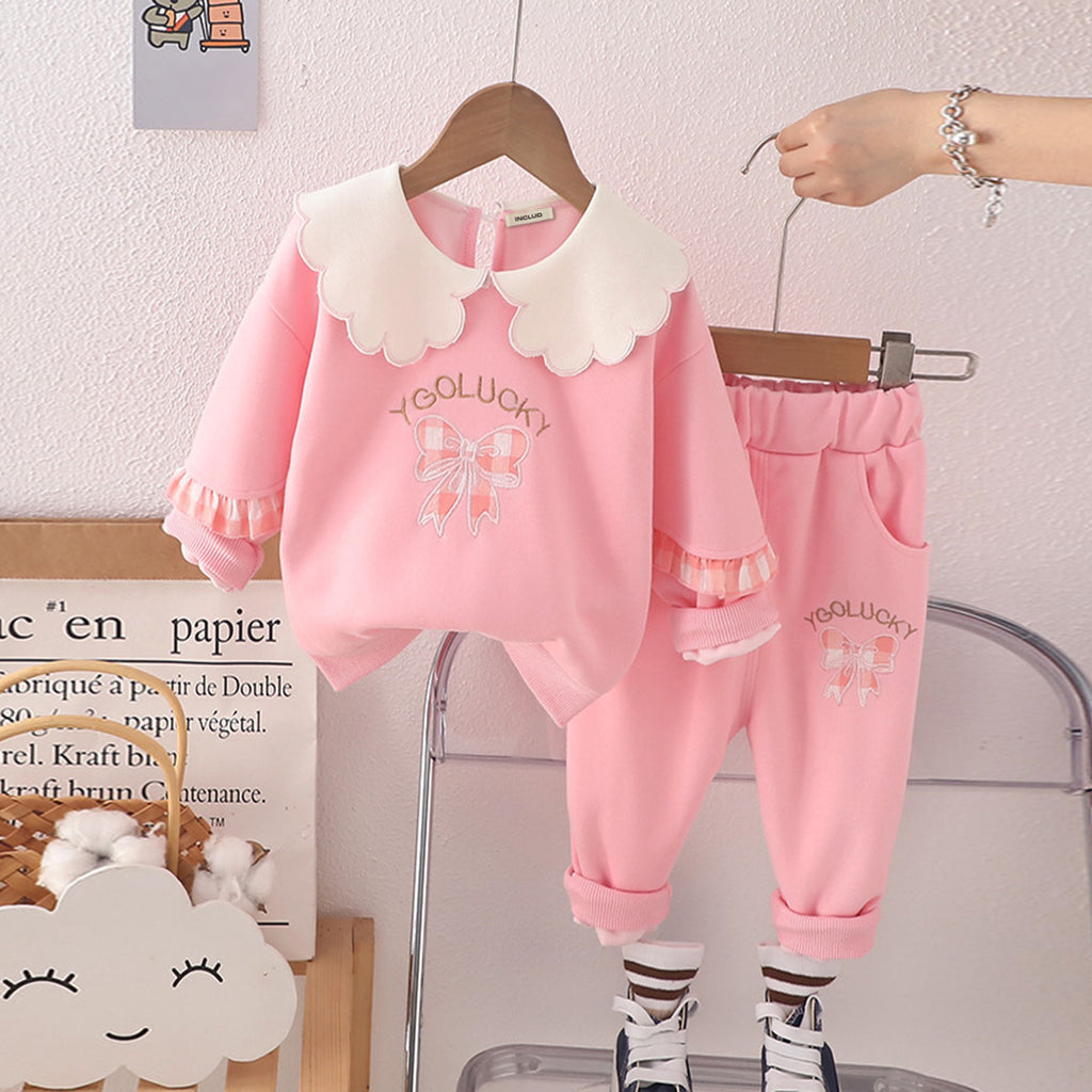 Girls Bow Embroidery Pink Sweatshirt With Pants Set Sets Pink 1-2 Y 