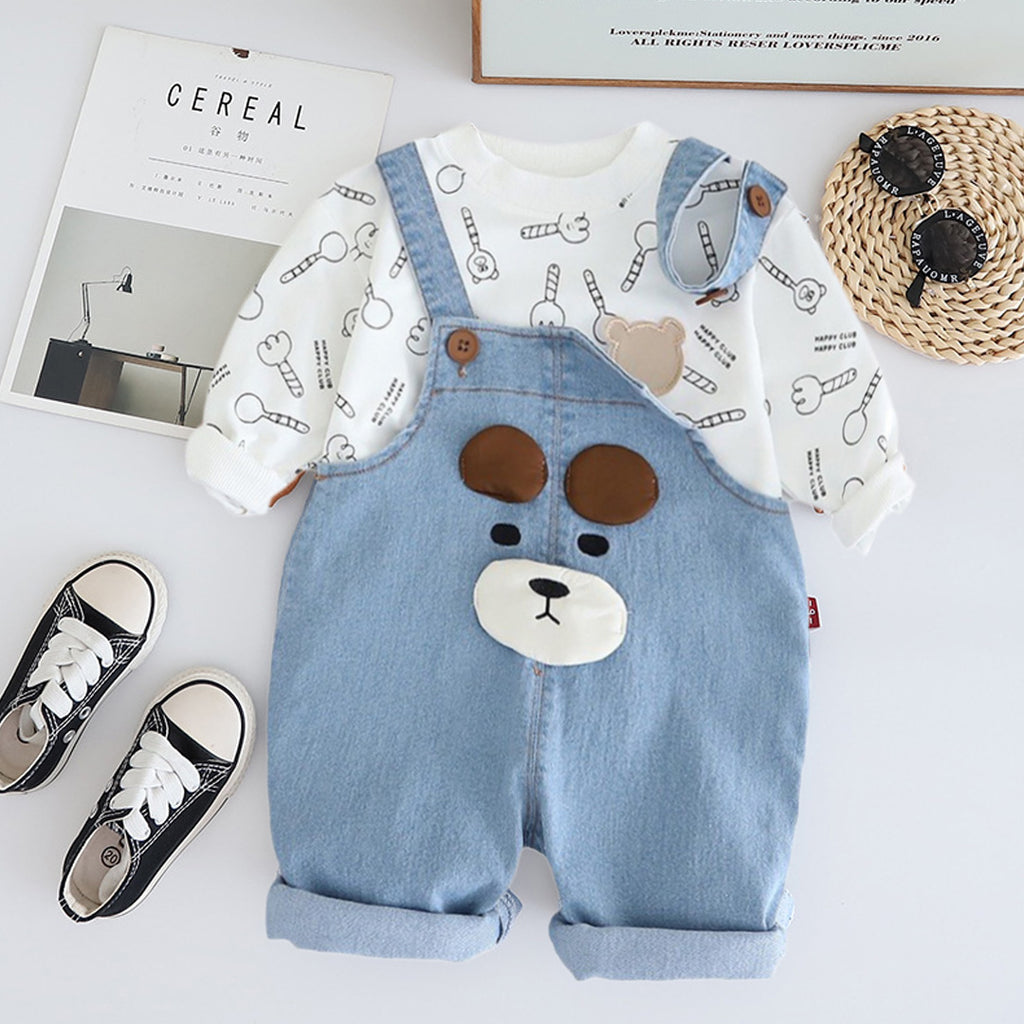 Boys White Printed Sweatshirt With Denim Dungaree Set Sets White 1-2 Y 