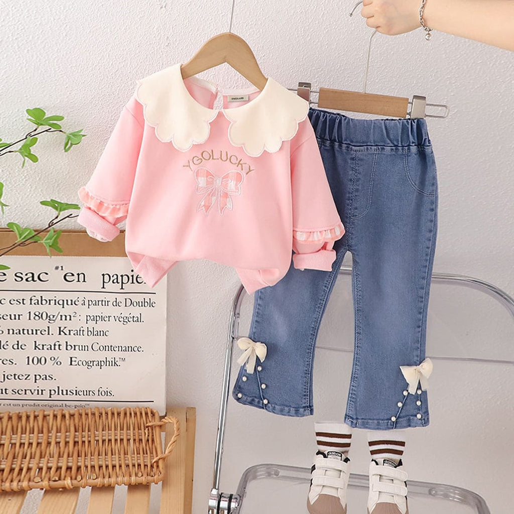 Girls Pink Peter Pan Collar Sweatshirt With Flared Denim Set Sets Pink 1-2 Y 