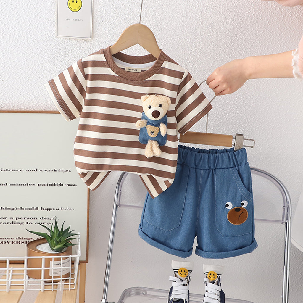 Boys Brown Striped T-Shirt With Teddy & Denim Shorts Set Sets Brown 1-2 Y 