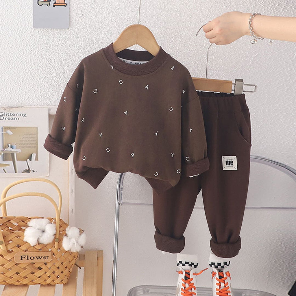 Boys Long Sleeve Round Neck Brown Sweatshirt With Pants Set Sets Brown 1-2 Y 