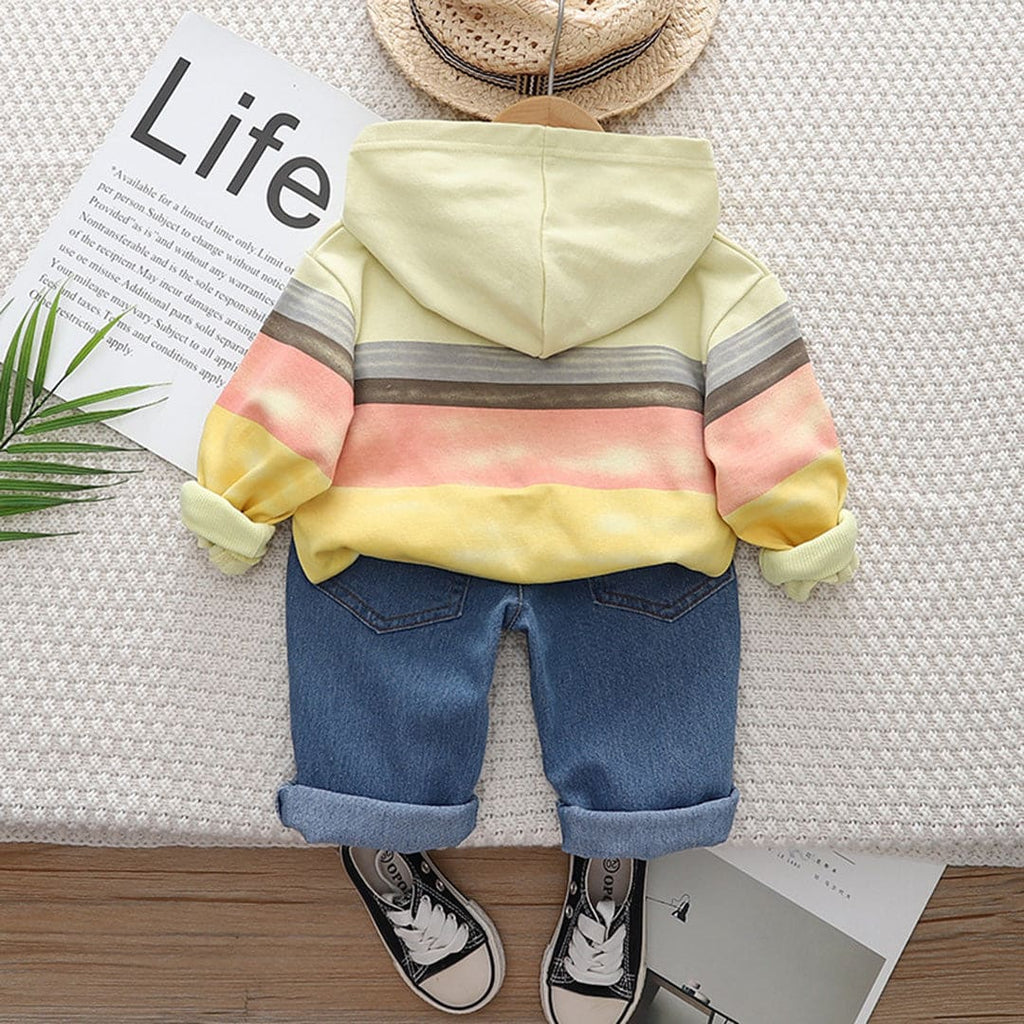 Boys Yellow Striped Printed Sweatshirt With Denim Jeans Set Sets   