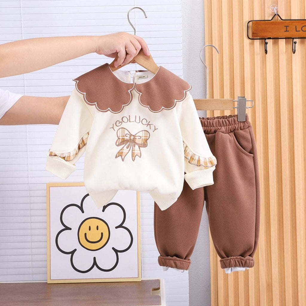 Girls Brown Peter Pan Collar Bow Embroidery Sweatshirt With Pants Set Sets   