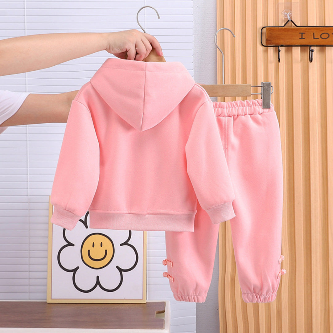 Girls Pink Embroidered Hooded Sweatshirt With Pants Set Sets   