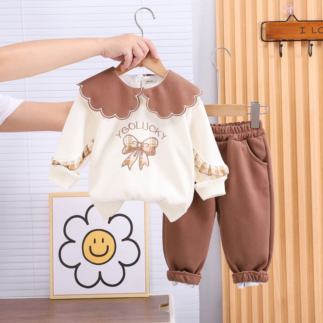 Girls Brown Peter Pan Collar Bow Embroidery Sweatshirt With Pants Set Sets Brown 1-2 Y 