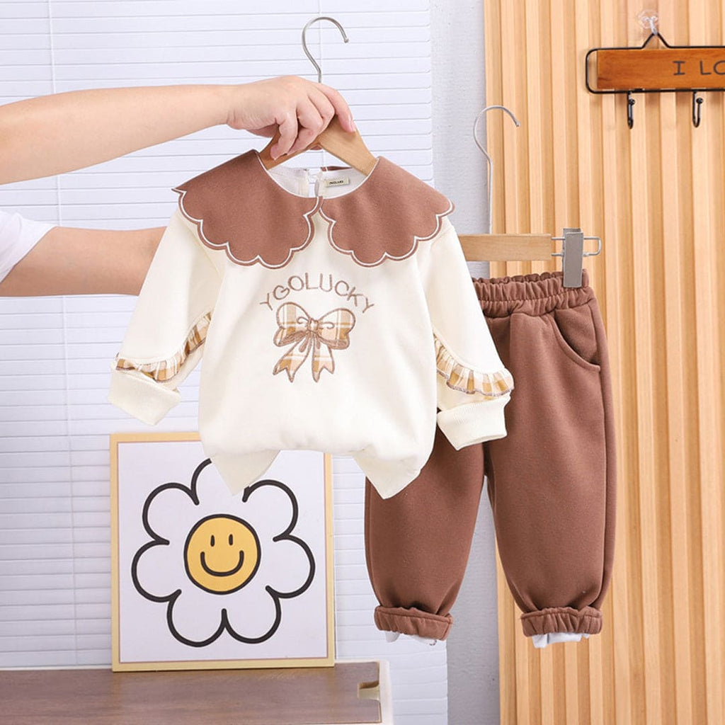 Girls Brown Peter Pan Collar Bow Embroidery Sweatshirt With Pants Set Sets Brown 1-2 Y 