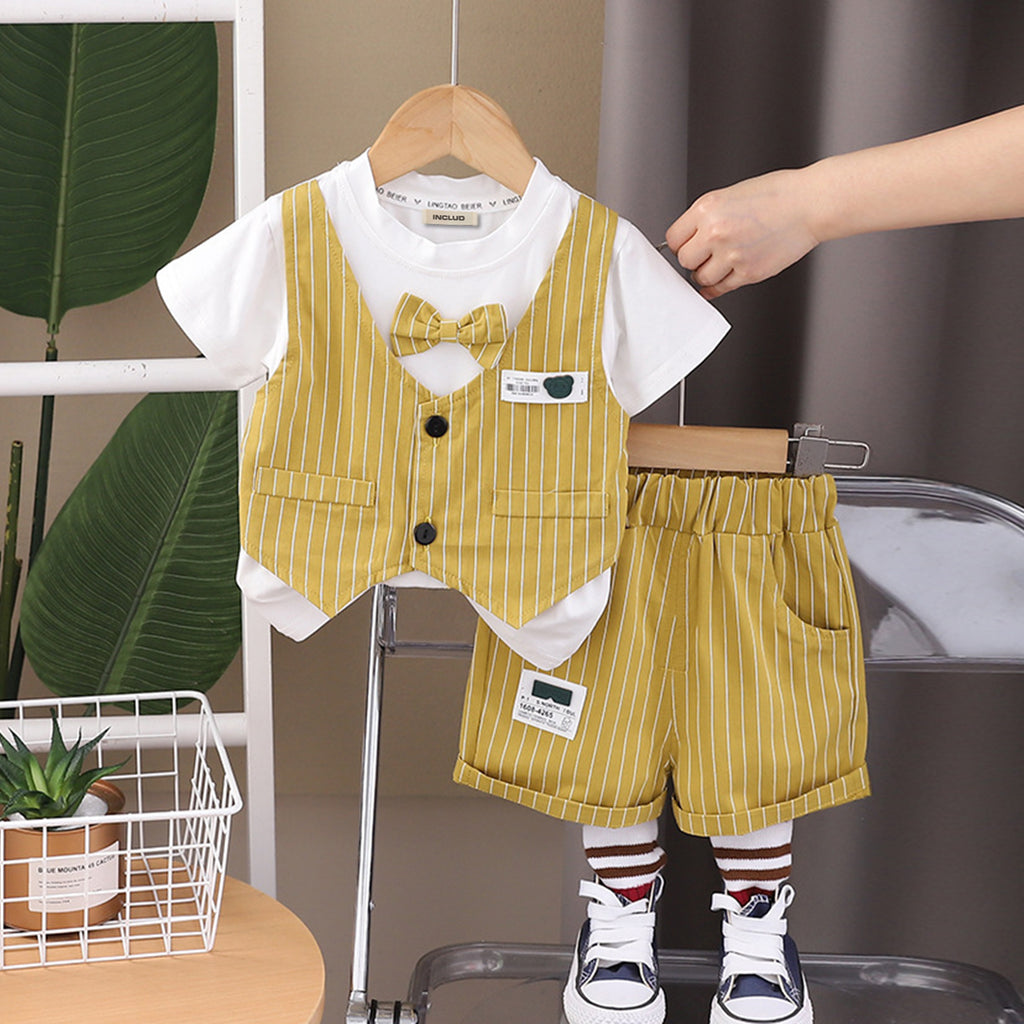 Boys Yellow Attached Striped Waistcoat T-Shirt With Shorts Set Sets Yellow 1-2 Y 