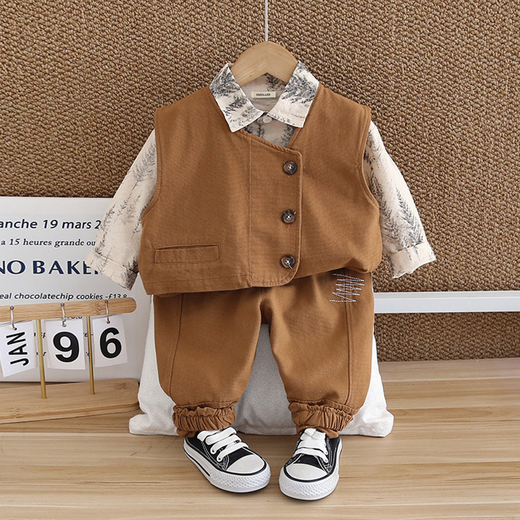 Boys Brown Printed Shirt With Sleeveless Waistcoat & Trouser Set Sets Brown 1-2 Y 