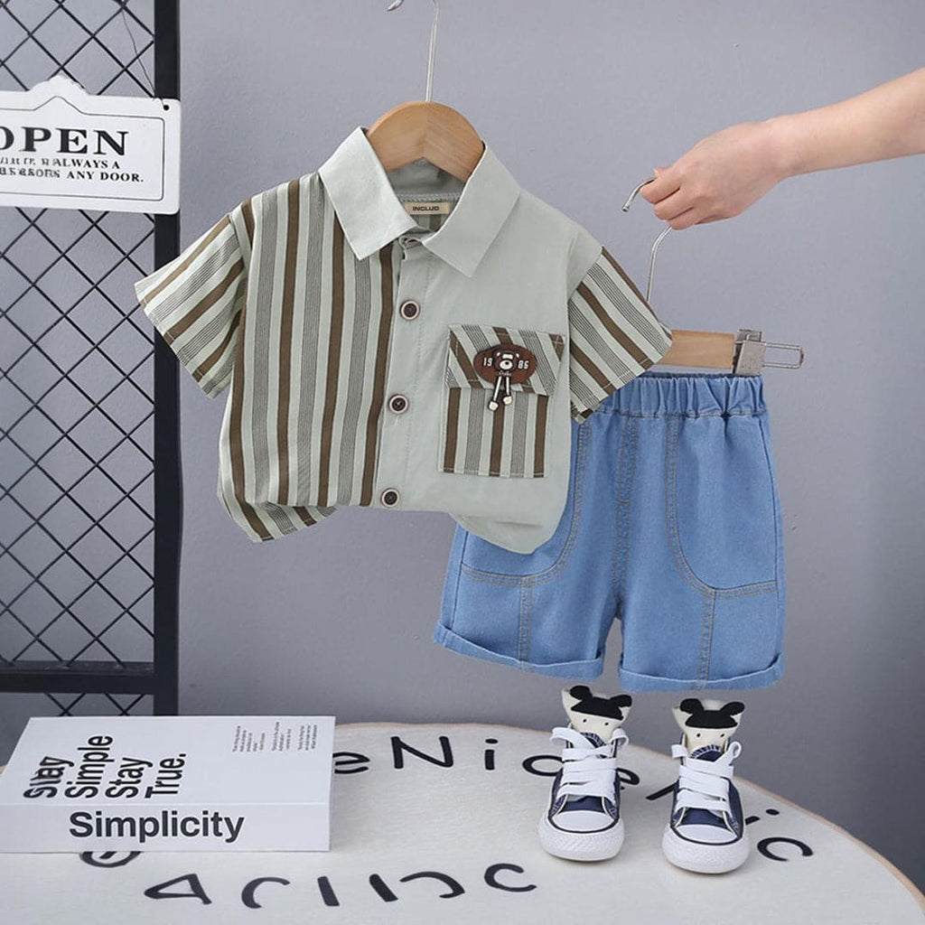 Boys Light Green Striped Short Sleeves Shirt With Denim Shorts Set Sets Light Green 1-2 Y 