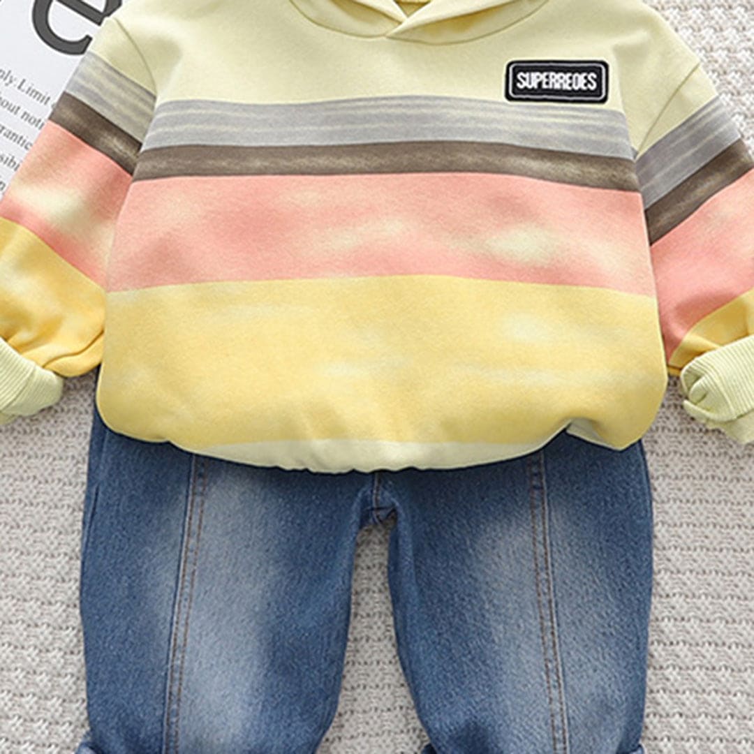 Boys Yellow Striped Printed Sweatshirt With Denim Jeans Set Sets   