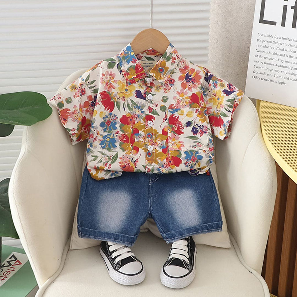 Boys Short Sleeve Yellow Printed Floral Shirt With Denim Shorts Set Sets Yellow 1-2 Y 