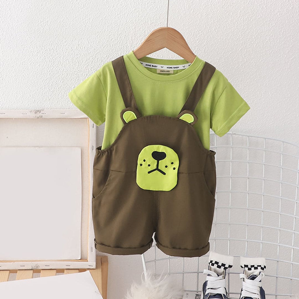 Boys Short Sleeve Green T-Shirt With Bear Face Applique Dungaree Set Sets Green 1-2 Y 