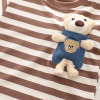Boys Brown Striped T-Shirt With Teddy & Denim Shorts Set Sets   