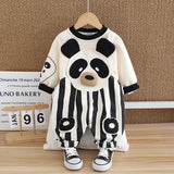 Boys Black Striped Panda Applique Sweatshirt & Dungaree Set
