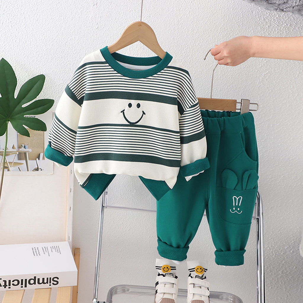 Boys Long Sleeve Smiley Print Green Sweatshirt With Pants Set Sets Green 1-2 Y 