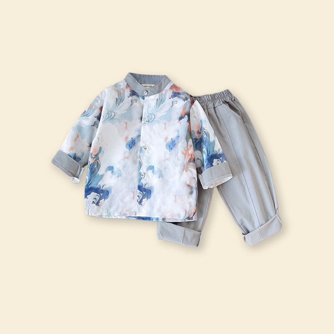 Boys Blue Printed Long Sleeves Shirt With Trouser Sets   